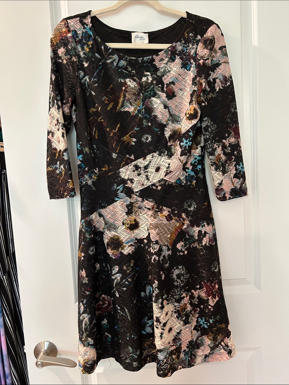 Beige by eci Black Floral Fit-and-Flare Dress with Pink and Teal Accents